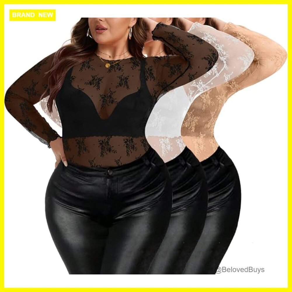 Plus Size Lace Mesh Top Sheer Long Sleeve Mock Neck Blouse